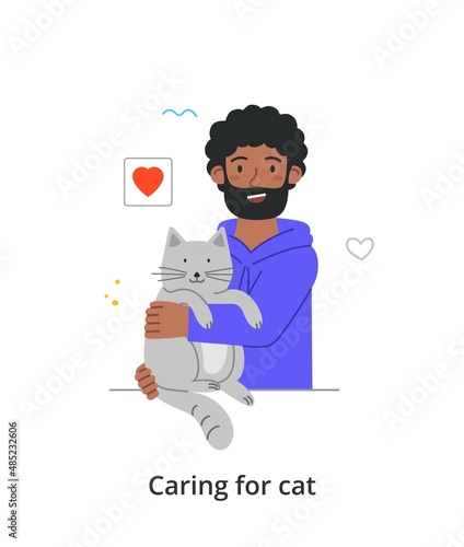 Happy pet owner abstract concept. Young bearded man holds his little fluffy kitten in his hands and smiles. Male character shows tenderness to cat. Cartoon flat vector illustration in doodle style