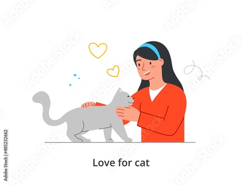 Happy pet owner abstract concept. Young smiling woman strokes her fluffy kitten and takes care of it. Female character loves animals and cats. Cartoon flat vector illustration in doodle style