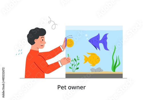 Happy pet owner abstract concept. Young man stands next to aquarium and watches his fish and snails. Taking care of animals and underwater inhabitants. Cartoon flat vector illustration in doodle style