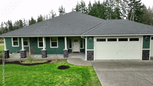 4k luxury suburban home departure shot, backing away to an aerial view of the surrounding area