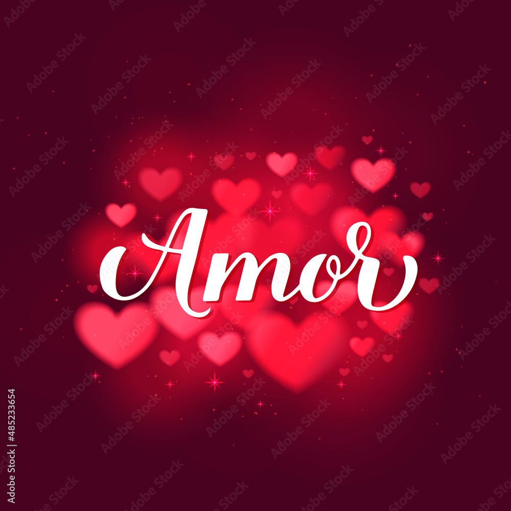 Amor calligraphy hand lettering on red blurred hearts background. Love in Spanish. Valentines day typography poster. Vector template for banner, postcard, greeting card, flyer, etc