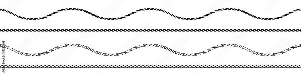 Straight and wavy rope, black monochrome silhouette and outline. Flat vector illustration isolated on white background. - obrazy, fototapety, plakaty 