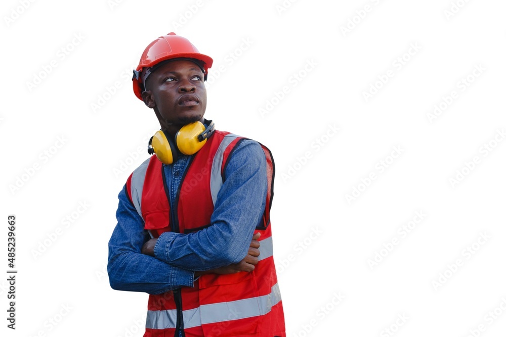 Portrait of engineering male african american wear uniform and hardhat crossed arms standing isolated on white background with clipping path. Portrait of engineering male african american wear uniform and hardhat crossed arms standing isolated on white background with clipping path.