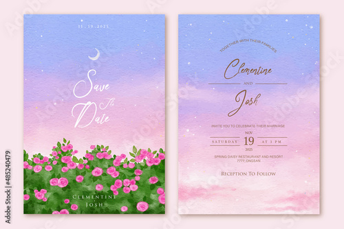 Watercolor purple pastel sky wedding invitation set template