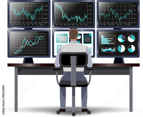 Stock market trader looking at multiple computer screens. Broker working on the stock market at the workplace. Vector illustration