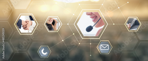 Contact us banner, call center service concept talking on microphone headset offering answering advice to customer help and support services, using smart devices with city background digital icon. photo