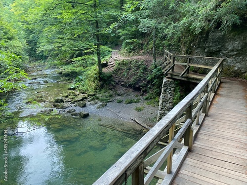 Wooden hiking trails and bridges along the protected landscape of the Kamacnik canyon - Vrbovsko, Croatia (Drvene pješačke staze i mostići duž zaštićenog krajolika kanjona Kamačnik - Gorski kotar) photo