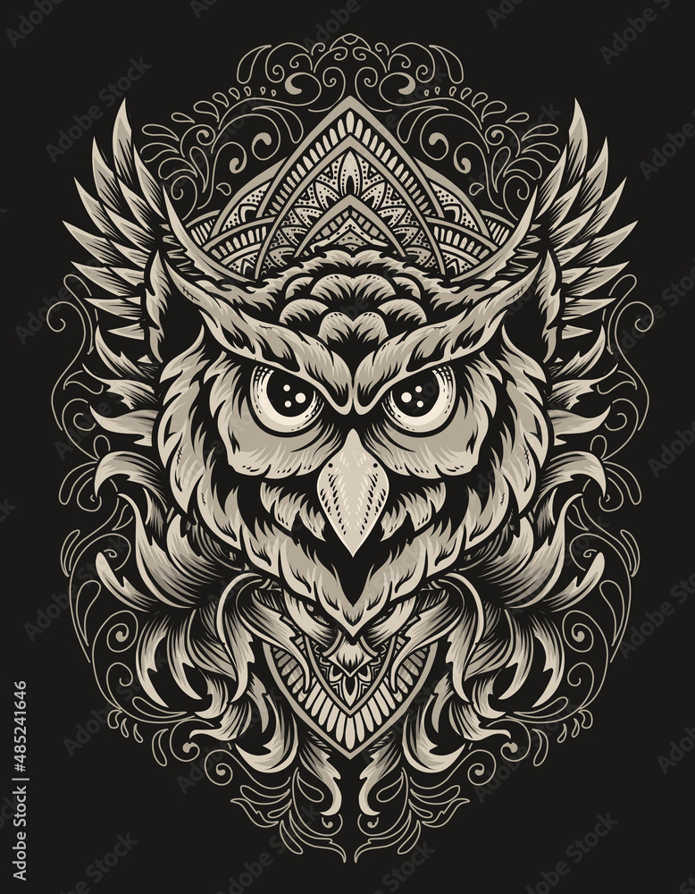 Naklejka premium illustration owl head with engraving ornament