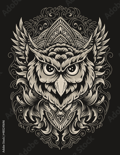 illustration owl head with engraving ornament