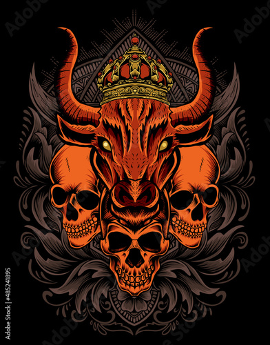 illustration king bull with skull head engraving ornament