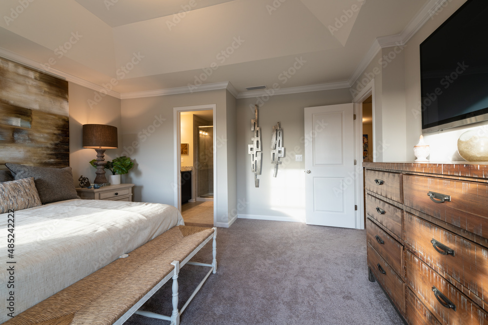 Furnished contemporary master bedroom in a town home. Home decorating or real estate concept. Furnished contemporary master bedroom in a town home. Home decorating or real estate concept.