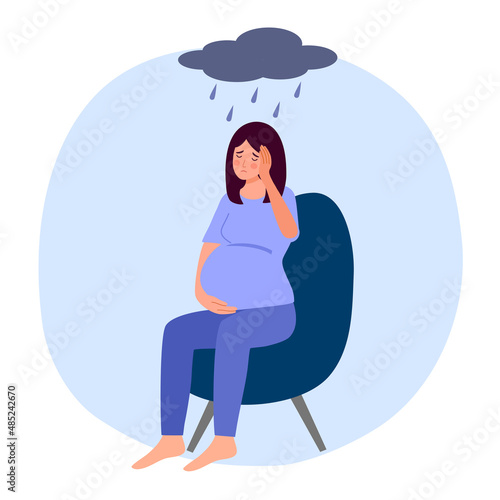 Sad and stressed pregnant woman in flat design. Negative emotion. Anxiety pregnancy symptom.