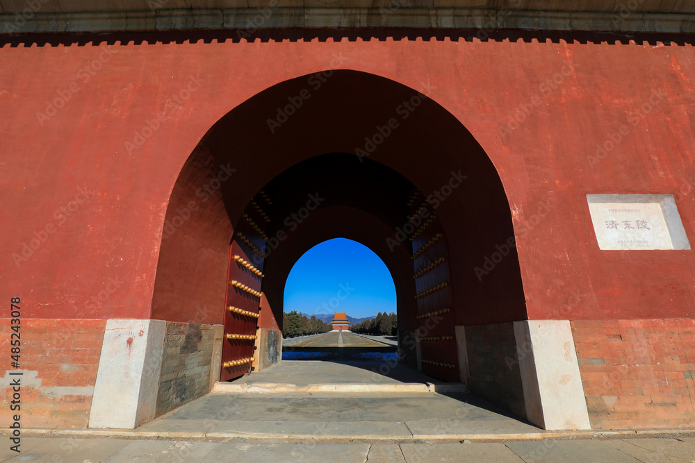 Fototapeta premium the architectural landscape of the large stele building with red gate is in Dongling Mausoleum of the Qing Dynasty, China