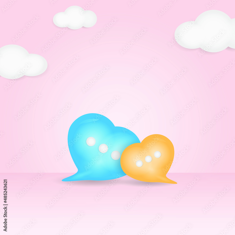 3d minimal blue orange love chat bubble on cloudy pink background .social media message concept. 3d rendering illustration