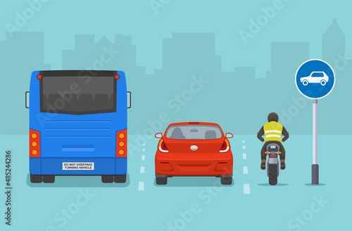 Safety car driving. Motor cars only traffic or road sign meaning. Back view of a bus, sedan car and motorcycle. Flat vector illustration template.