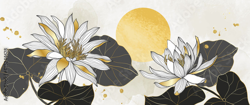 Luksusowy kwiat lotosu linia wzór tła. Błyszczący wzór tapety ze złotą linią i słońcem okręgu. Złoto-biały wektor na baner, wydruki, plakat, grafikę na ścianę i opakowanie