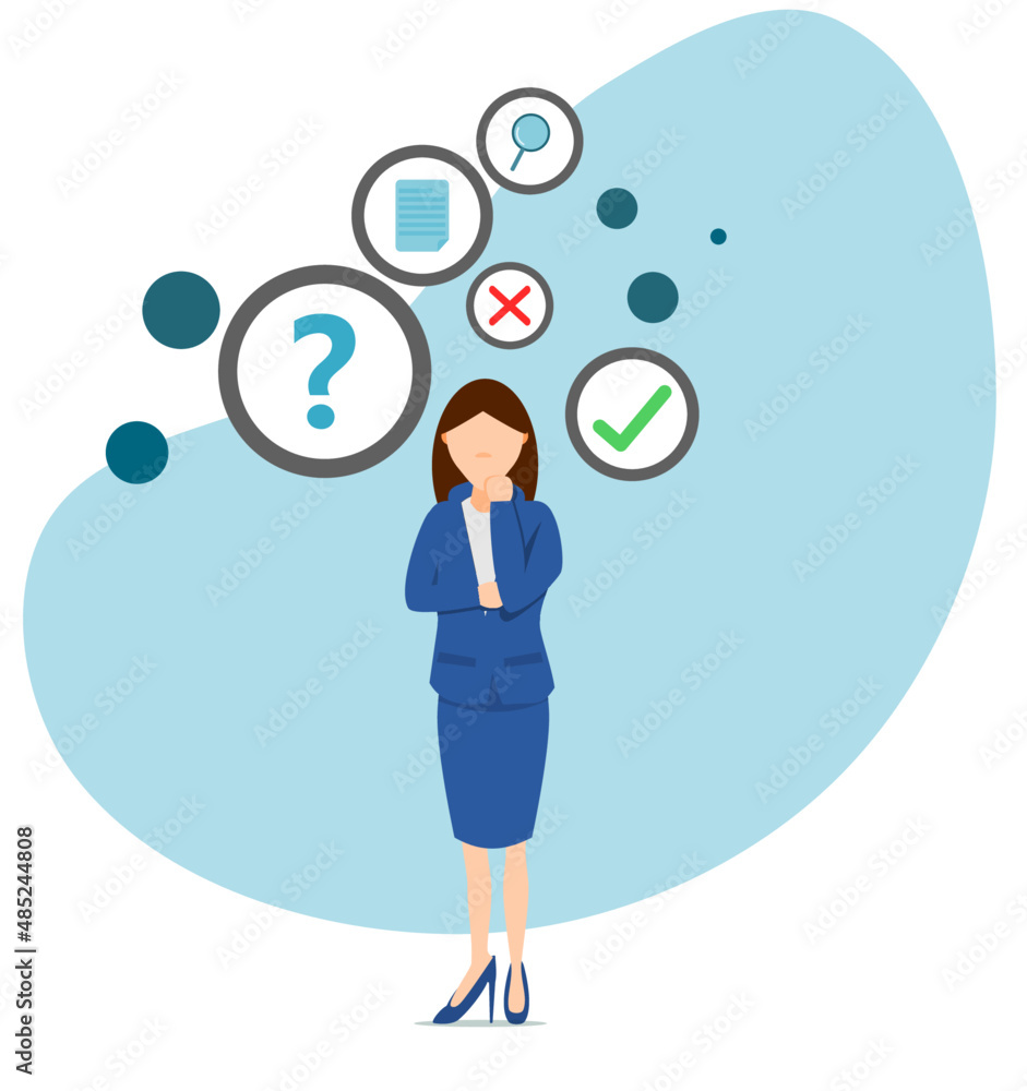 Business woman thinking about data analysis to solve problems. Flat vector illustration. Business woman thinking about data analysis to solve problems. Flat vector illustration.