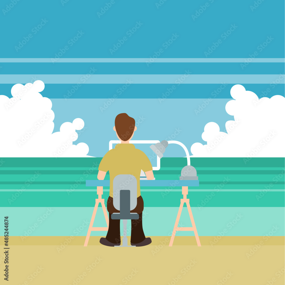 Working at the beach. Flat design vector illustration. Work concept while traveling
