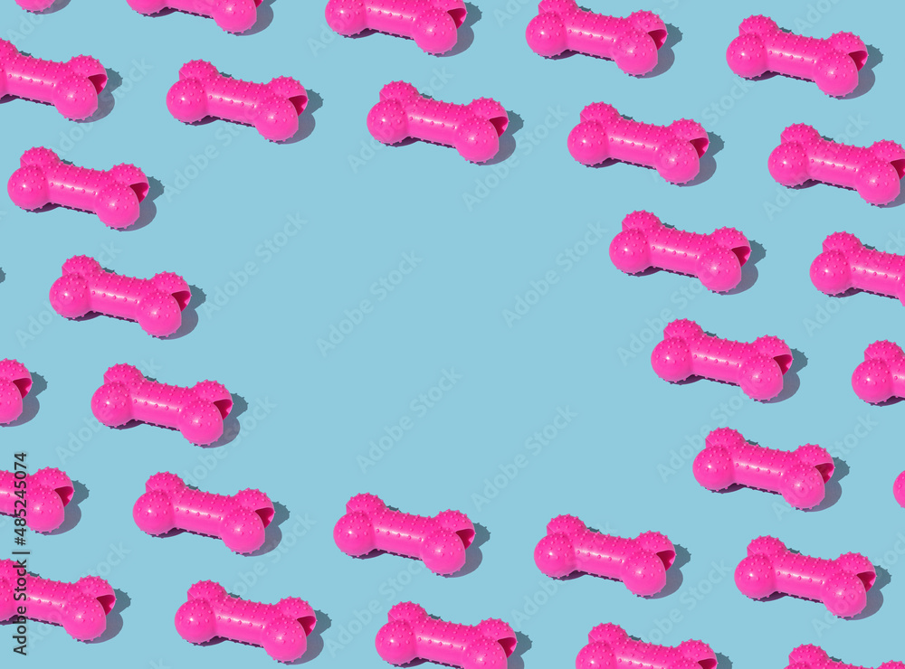 A pattern of rubber toys for a dog in the shape of a bone. Place for text. A pattern of rubber toys for a dog in the shape of a bone. Place for text.