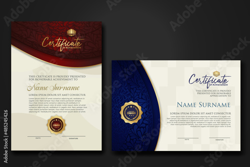 Certificate of achievement and appreciation border template with luxury badge and textured modern floral pattern. For award, business, and education needs
