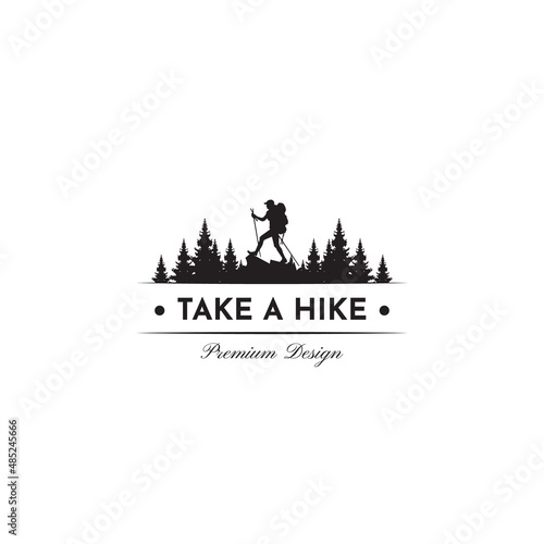 Take a hike logo vector with man hiking symbol illustration design