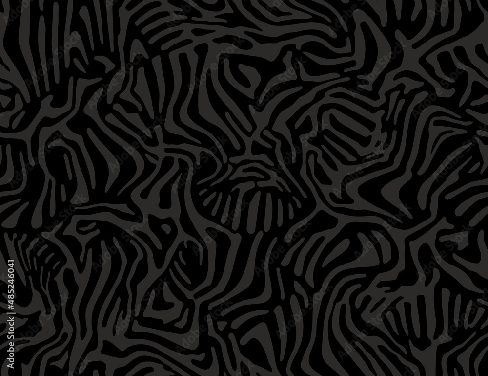 Black zebra repeating texture. Animal skin stripes, jungle wallpapers. Wild life seamless pattern. Dinosaur bones. Skeletal remains background. Vector