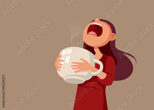 Tired Woman Holding a Large Coffee Cup Vector Cartoon