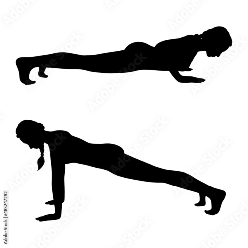 Woman silhouette in high and low plank pose. Yogi woman training her body muscles. Vector illustration in white background