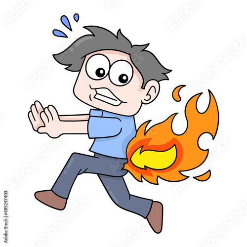 boy is frantically running because his ass is on fire, doodle icon image kawaii