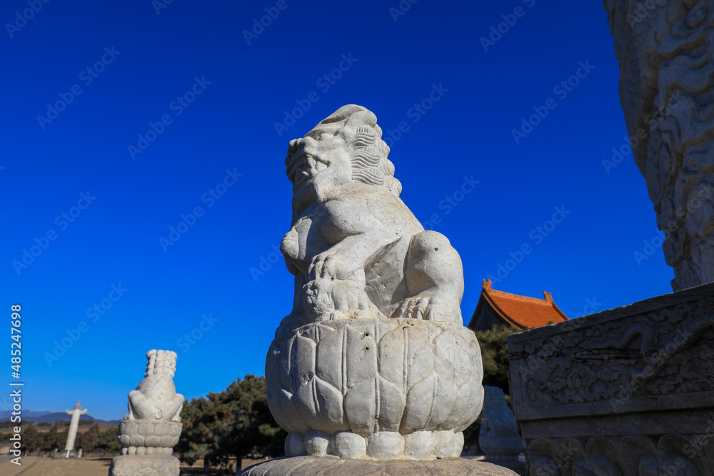 Rock lions are carved in the eastern tombs of the Qing Dynasty, China