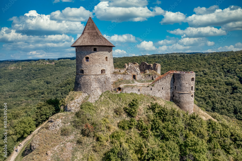 Aerial view of Somoska Somosko castle forming a triangle shape courtyard with three circular cannon towers partially restored on the border between Hungary and Slovakia
