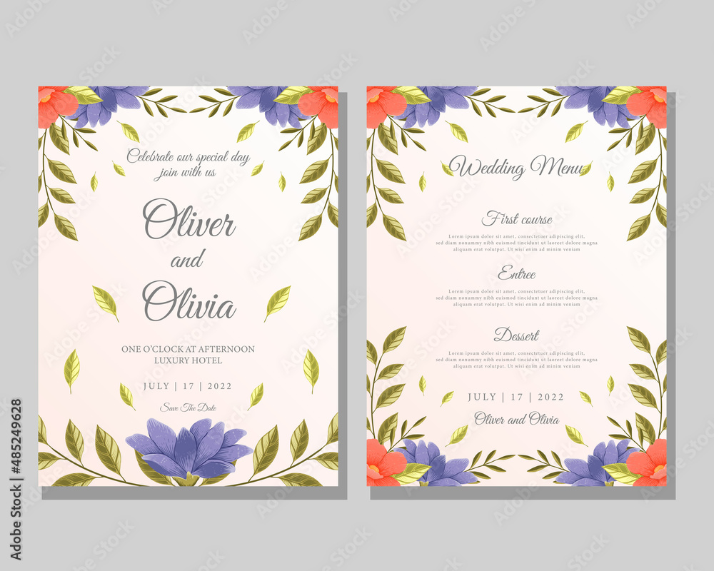 hand draw floral and leaves wedding invitation and wedding menu illustration template