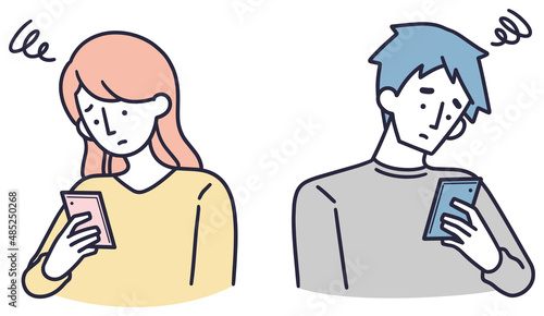 スマホを見て悩んでいる男女　遠距離恋愛　シンプルイラスト