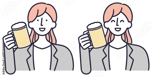 ビールを飲む女性　シンプル　イラスト
