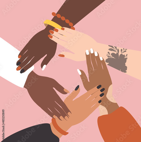 vector illustration on the theme of female solidarity, feminism, body positive. the hands of women of different races reach out to each other. trend illustration in flat style