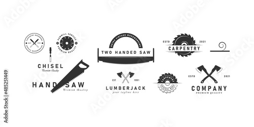 Set bundle carpentry vector logo design illustration carpenter woodwork vintage line art, hammer steel saws concept lumberjack service or woodwork shop retro styled woodwork emblems