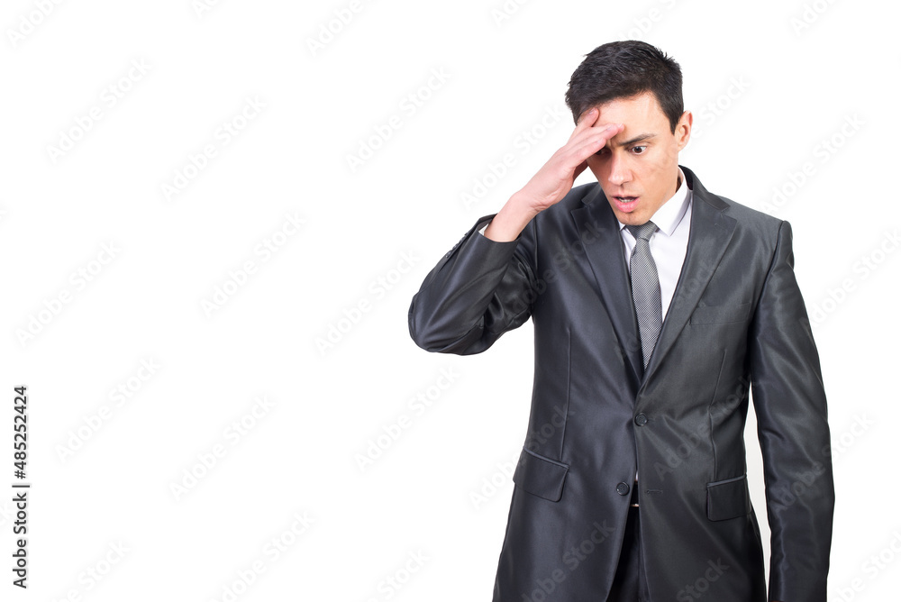 Stressful man in formal suit touching forehead Stressful man in formal suit touching forehead