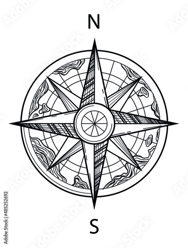 Vector illustration of vintage compass with map, black outline