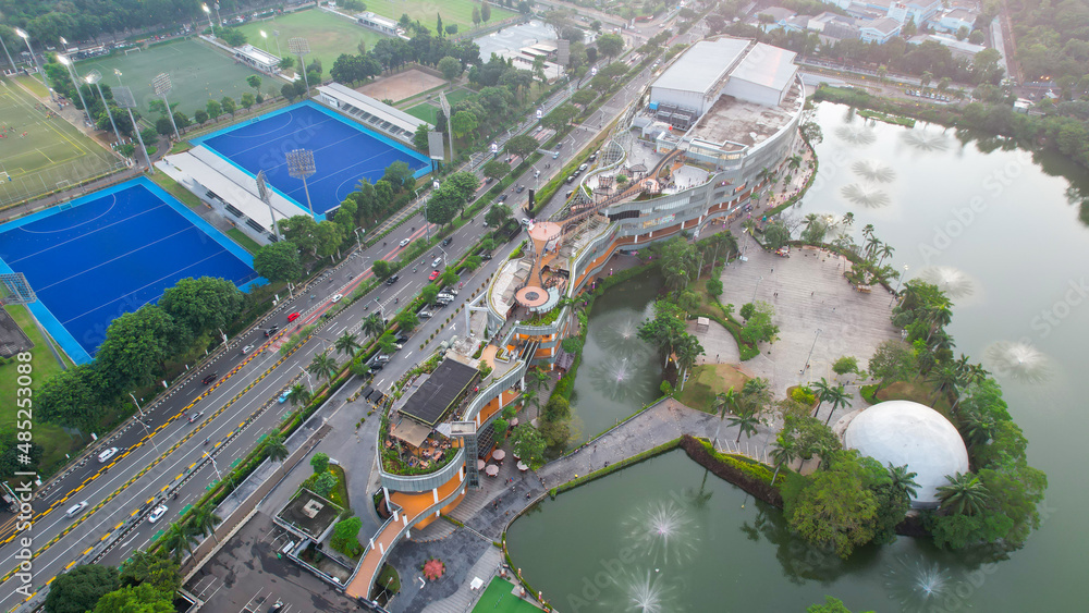 Aerial view of Senayan Park Mall Jakarta in the afternoon. Jakarta, Indonesia, February 6 2022