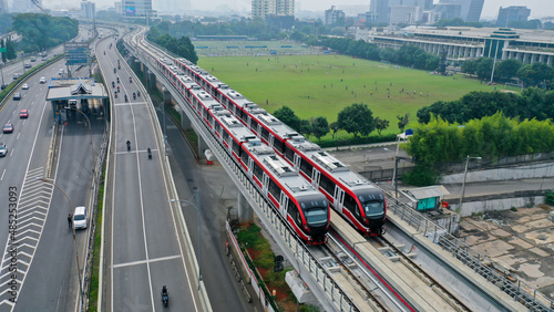 Aerial view of Jakarta LRT train trial run for phase 1 from Pancoran. Jakarta, Indonesia, February 6 2022