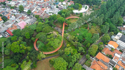 Fototapeta Naklejka Na Ścianę i Meble -  Aerial view of Tebet eco garden park Jakarta. Jakarta, Indonesia, February 6 2022