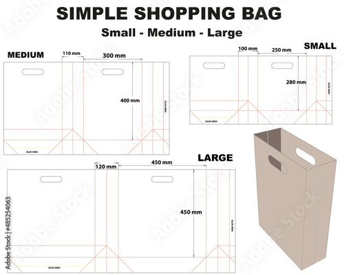 simple shopping bag, dieline vector with three sizes.  small, medium, big