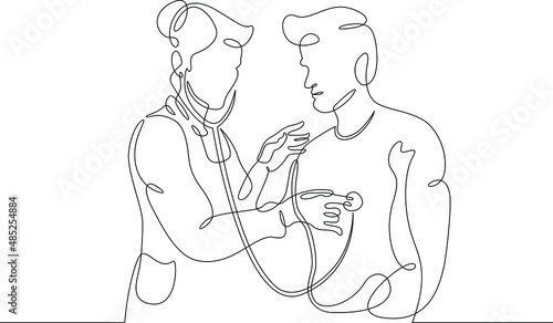 One continuous line.Doctor accepts the patient. The therapist checks the health of the patient. Doctor in the hospital. Continuous line drawing.Line Art isolated white background.