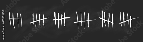 Tally mark. Prison counting lines set, white slash scratches on the wall. Hand drawn crossed out tally marks, jail grunge outline numbers on black background, vector illustration