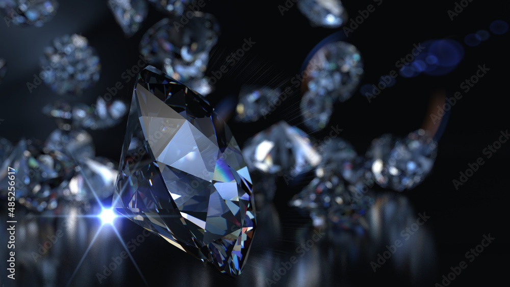 Shiny Diamonds with blue flash star light on black surface background. Concept image of luxury living, expensive things and high added value. 3D CG. High resolution. - obrazy, fototapety, plakaty 