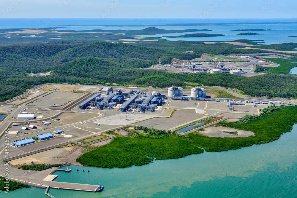 Aerial view of liquified natural gas plant and LNG ship on Curtis