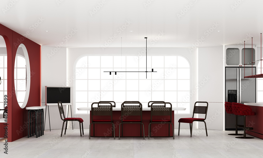 Interior of red color dining room with red velvet fabric furniture ...