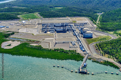 Aerial shot of liquified natural gas plants on Curtis Island, Queensland