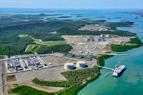 Aerial shot of liquified natural gas plants on Curtis Island, Queensland