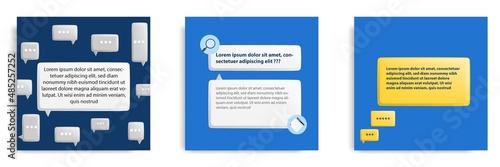 Social media informative FAQ post banner template layout design in 3D cartoon style, blue background with bubble chat, text box, magnifier glass, document, pen.